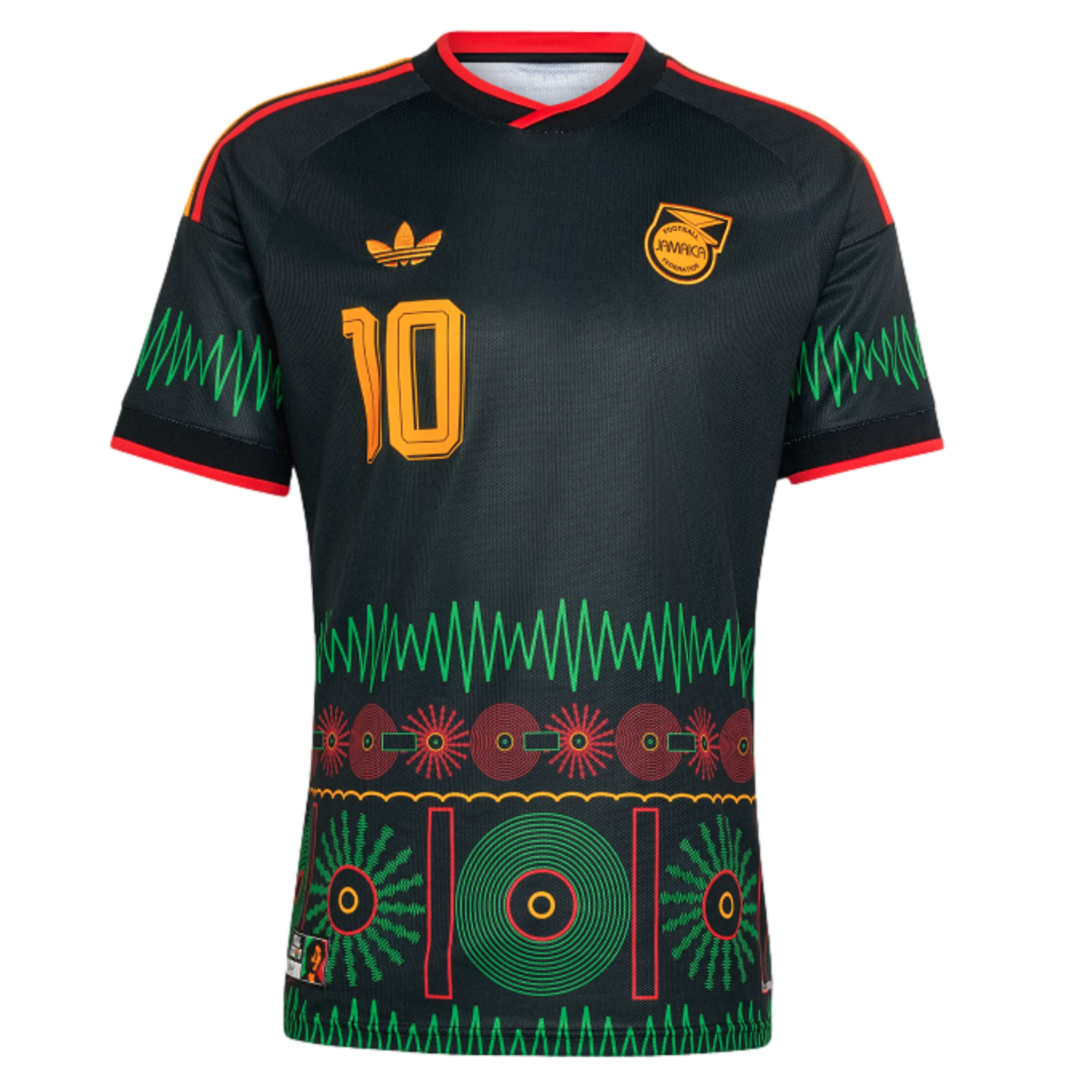 Black Adidas Jamaica soccer jersey with gold number 10, green zigzag accents, and colorful cultural graphics on the lower half.