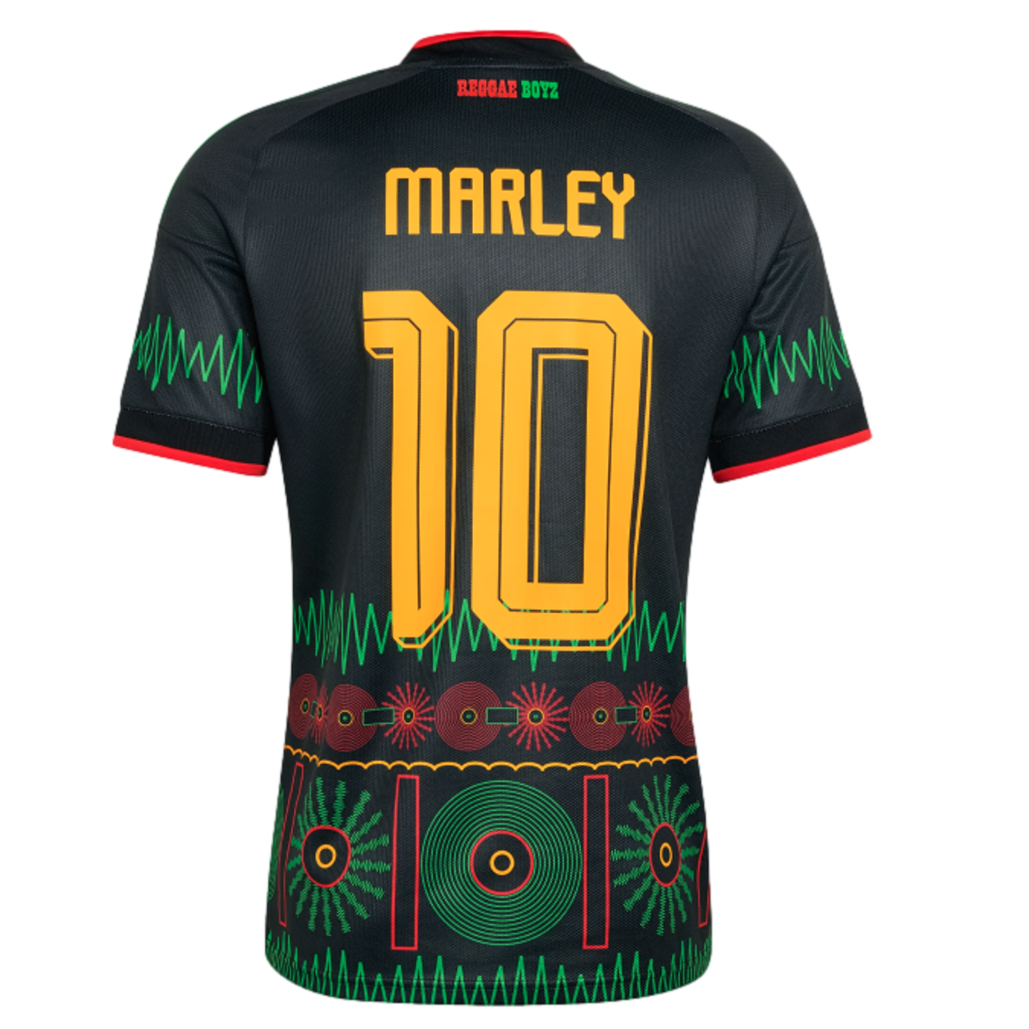 Back of a black Jamaica soccer jersey with yellow "MARLEY 10" text. Features green soundwave zigzags and red and green record-themed patterns at the bottom and sleeves.