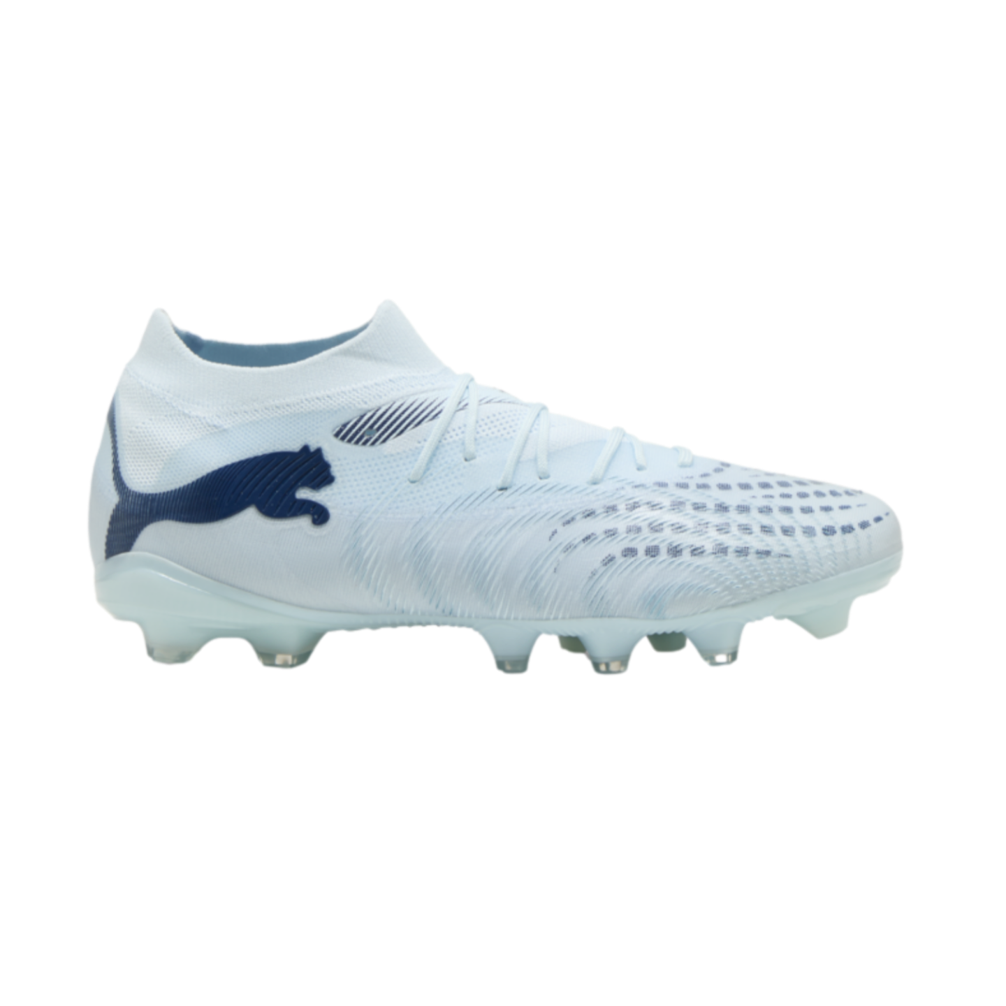 A white Puma soccer cleat with light blue accents and a dark blue logo, shown in profile against a black background.