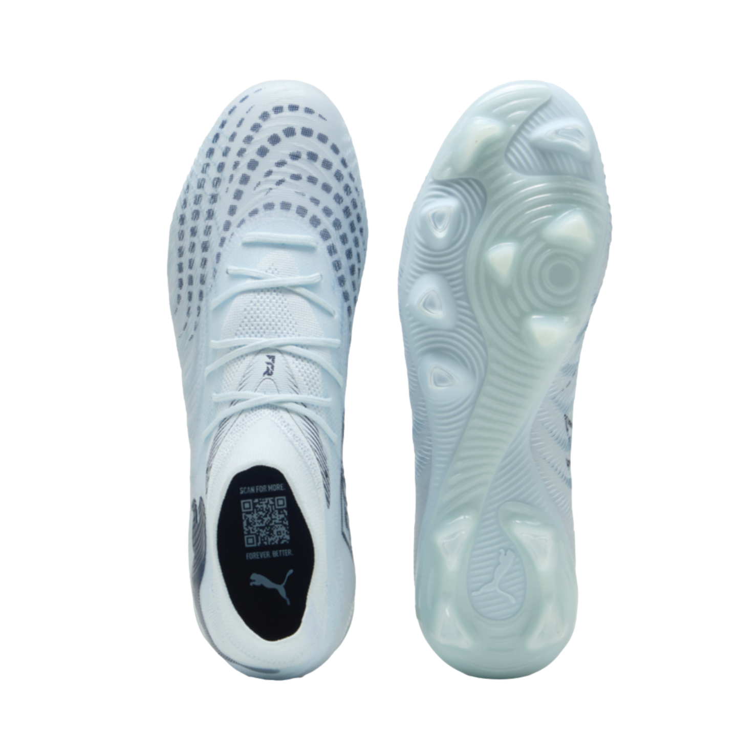 Top and bottom views of light blue Puma soccer cleats on a black background.