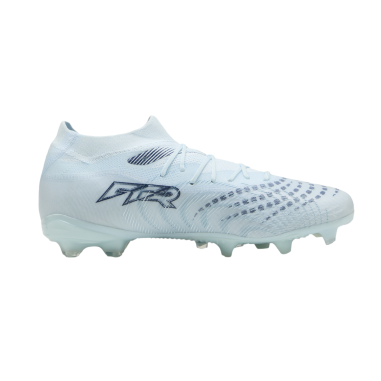 A light blue and white soccer cleat featuring a textured upper and "FTR" branding, shown in side profile against a black background.