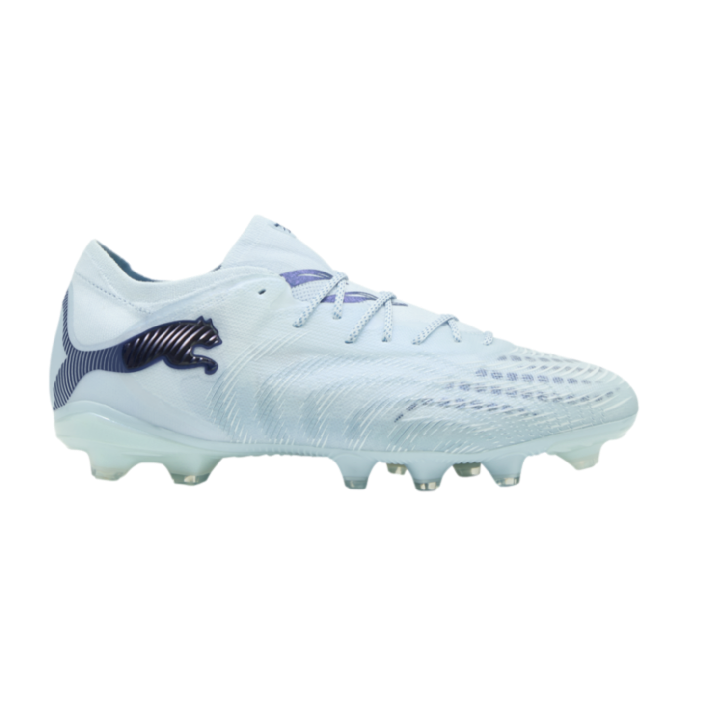 A light blue Puma soccer cleat with an iridescent dark blue Puma logo and matching accents, displayed against a solid black background.