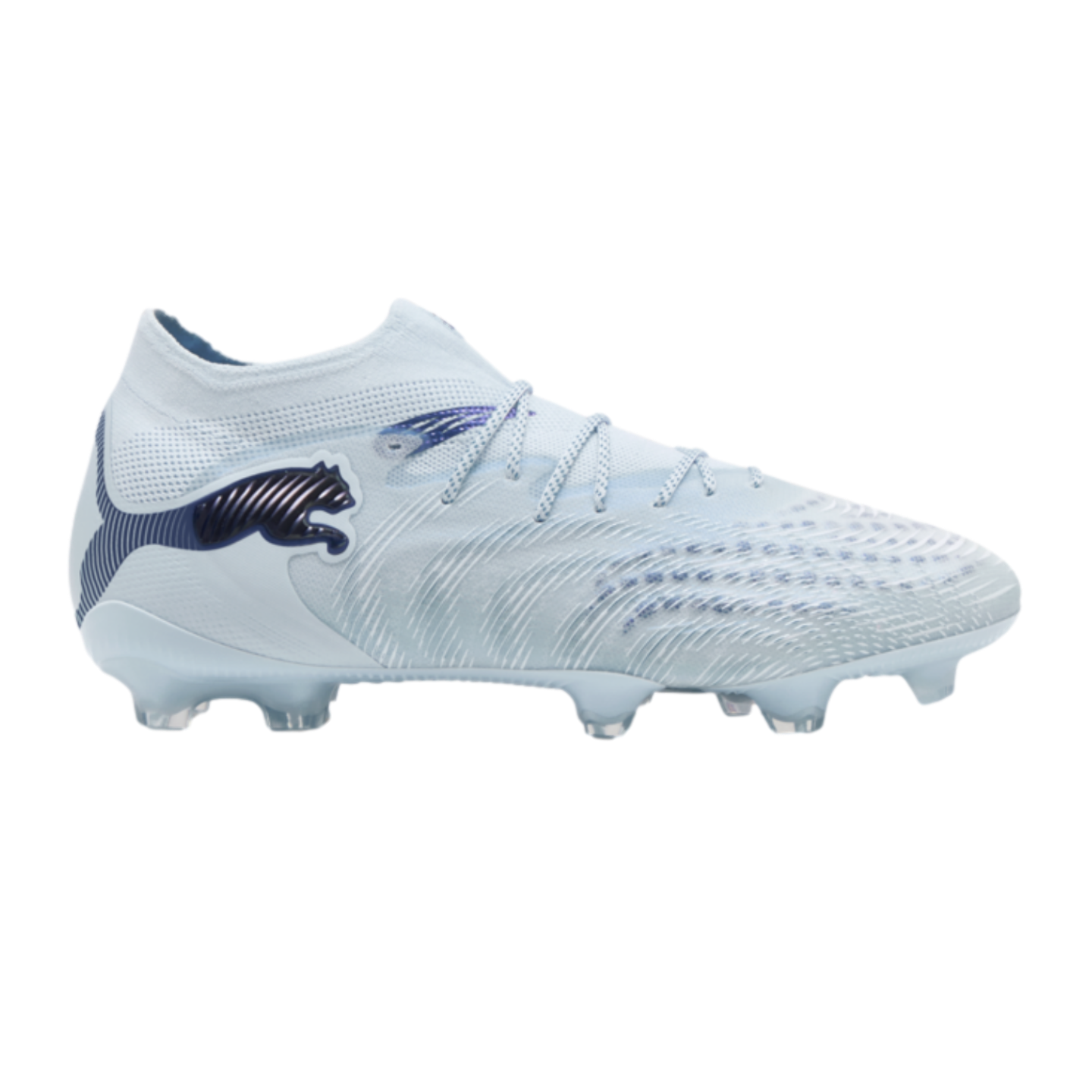 Side view of a light blue Puma soccer cleat with iridescent logos and clear studs against a solid black background.