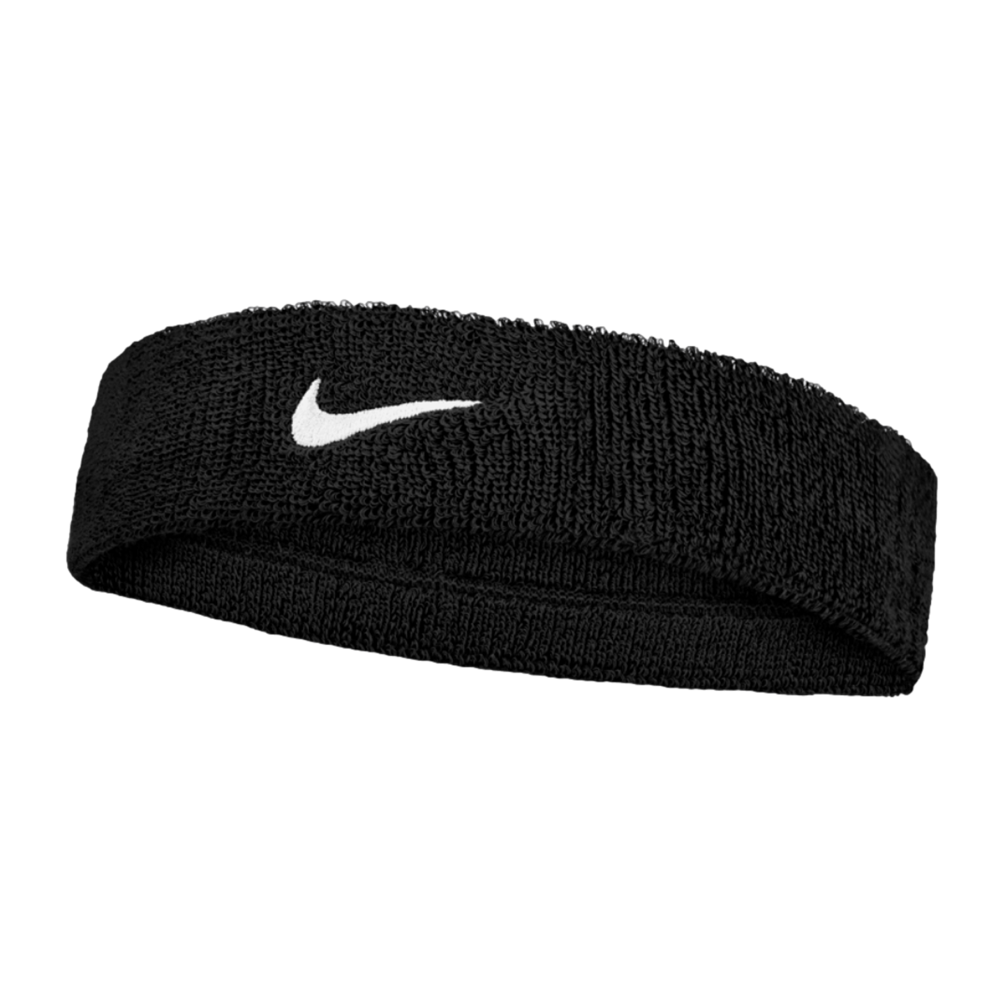 Black Nike terry cloth headband featuring a white embroidered swoosh logo on the front.