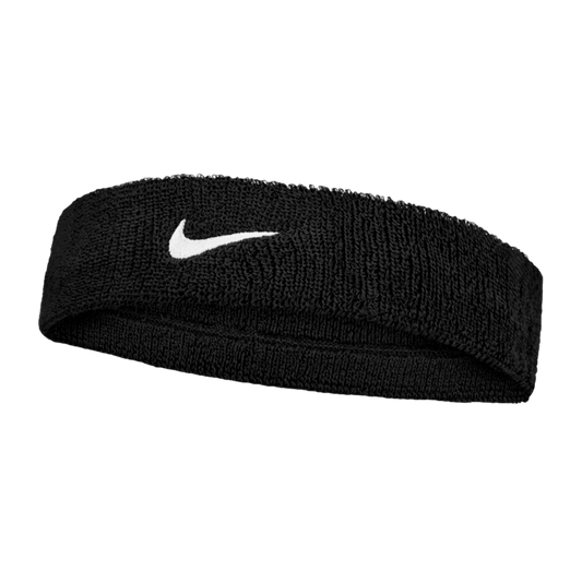 Black Nike terry cloth headband featuring a white embroidered swoosh logo on the front.
