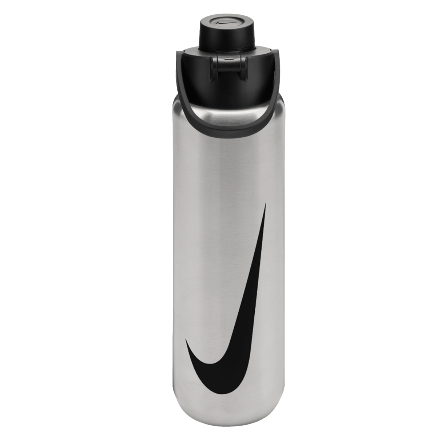 A silver stainless steel water bottle with a large black Nike swoosh logo. It features a black plastic lid with a carrying handle, set against a solid black background.