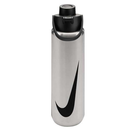 A silver stainless steel water bottle with a large black Nike swoosh logo. It features a black plastic lid with a carrying handle, set against a solid black background.