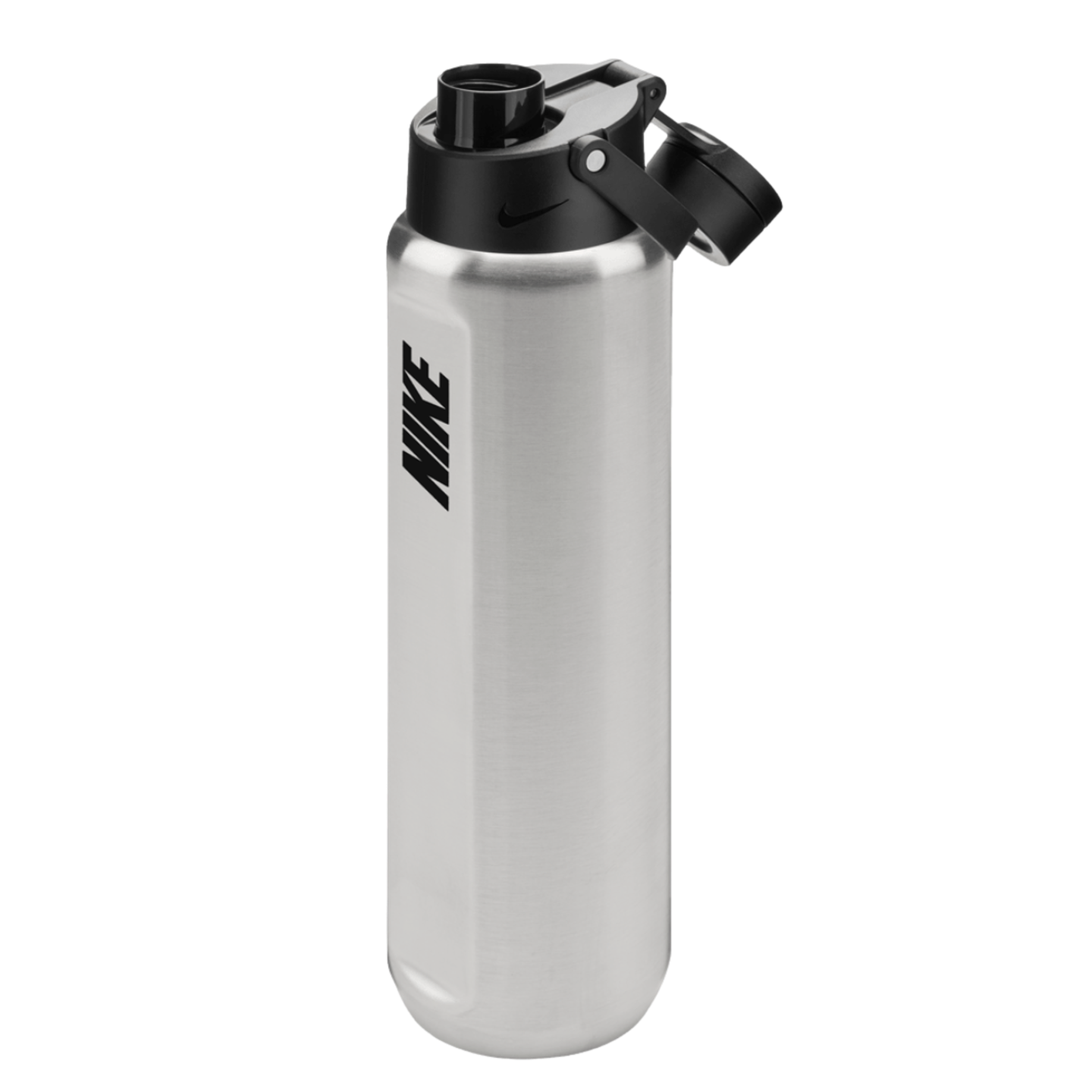 A tall, silver Nike stainless steel water bottle with a black flip-top lid and a carrying handle. The black Nike logo is printed vertically on the side.