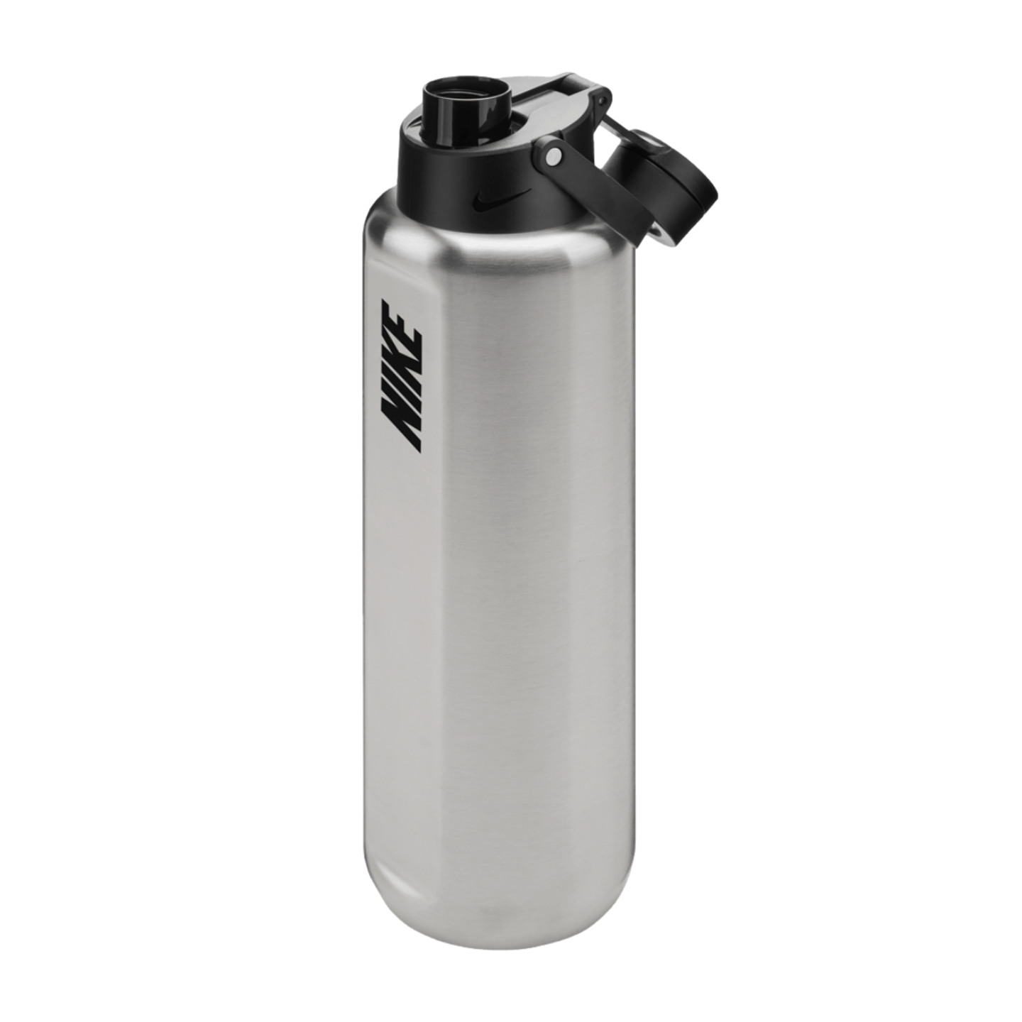 A brushed silver Nike stainless steel water bottle with a vertical black logo and a black flip-top lid.