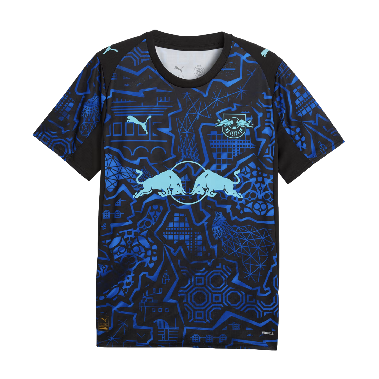 An RB Leipzig football jersey by Puma featuring a complex blue and black geometric pattern with light blue logos for Red Bull, the club crest, and Puma.