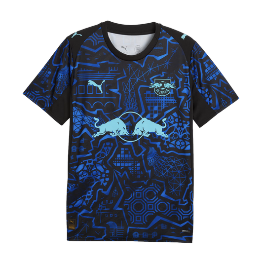 An RB Leipzig football jersey by Puma featuring a complex blue and black geometric pattern with light blue logos for Red Bull, the club crest, and Puma.