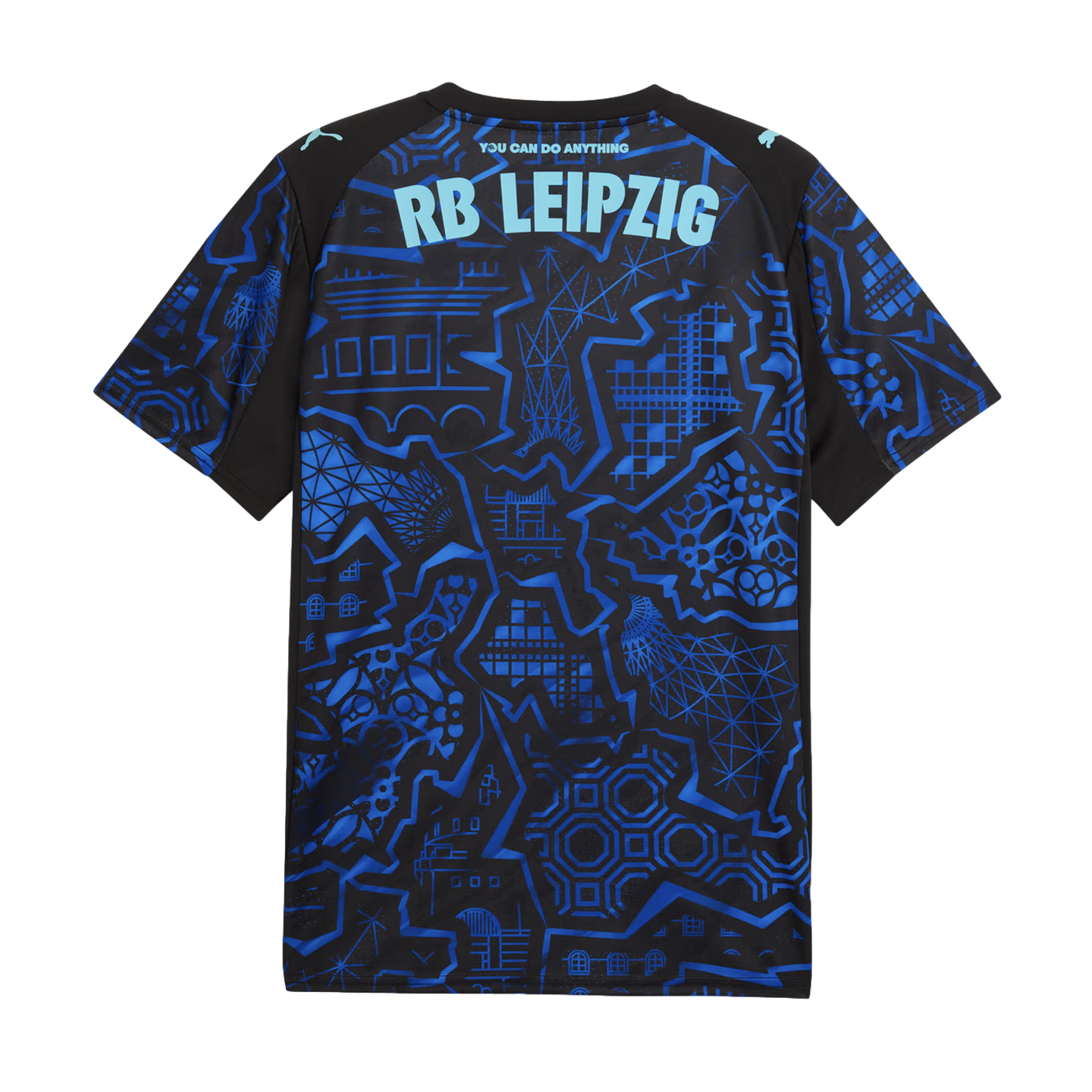 Back view of a black Puma RB Leipzig jersey with vibrant blue geometric patterns. Light blue text reads "YOU CAN DO ANYTHING" above "RB LEIPZIG".