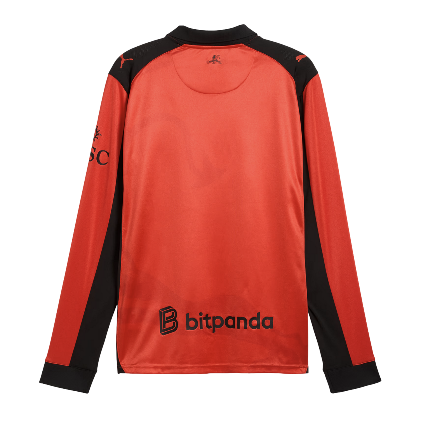 Back view of a red and black long-sleeved sports jersey with Bitpanda sponsor at the bottom, Puma shoulder logos, and MSC sleeve branding.