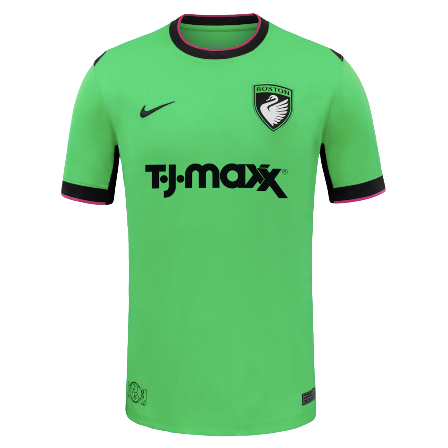 Lime green soccer jersey with black and pink trim. Features a Nike swoosh, a Boston swan crest, and a large black TJ Maxx sponsor logo on the front.
