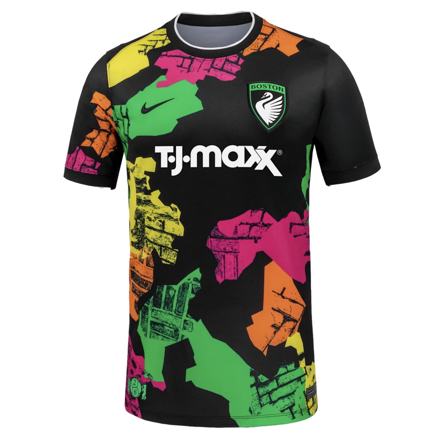 Black soccer jersey with colorful neon brick-patterned shapes. Features a Boston swan crest, black Nike swoosh, and white T.J. Maxx sponsor logo in the center.