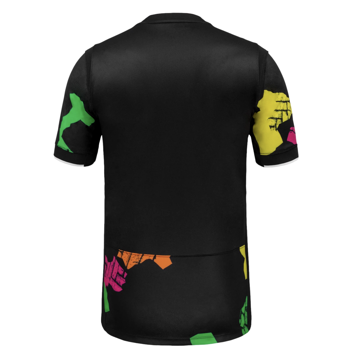 Back view of a black short-sleeved t-shirt with colorful, distressed abstract patterns on the sleeves and lower hem. Sleeve cuffs feature a white trim.