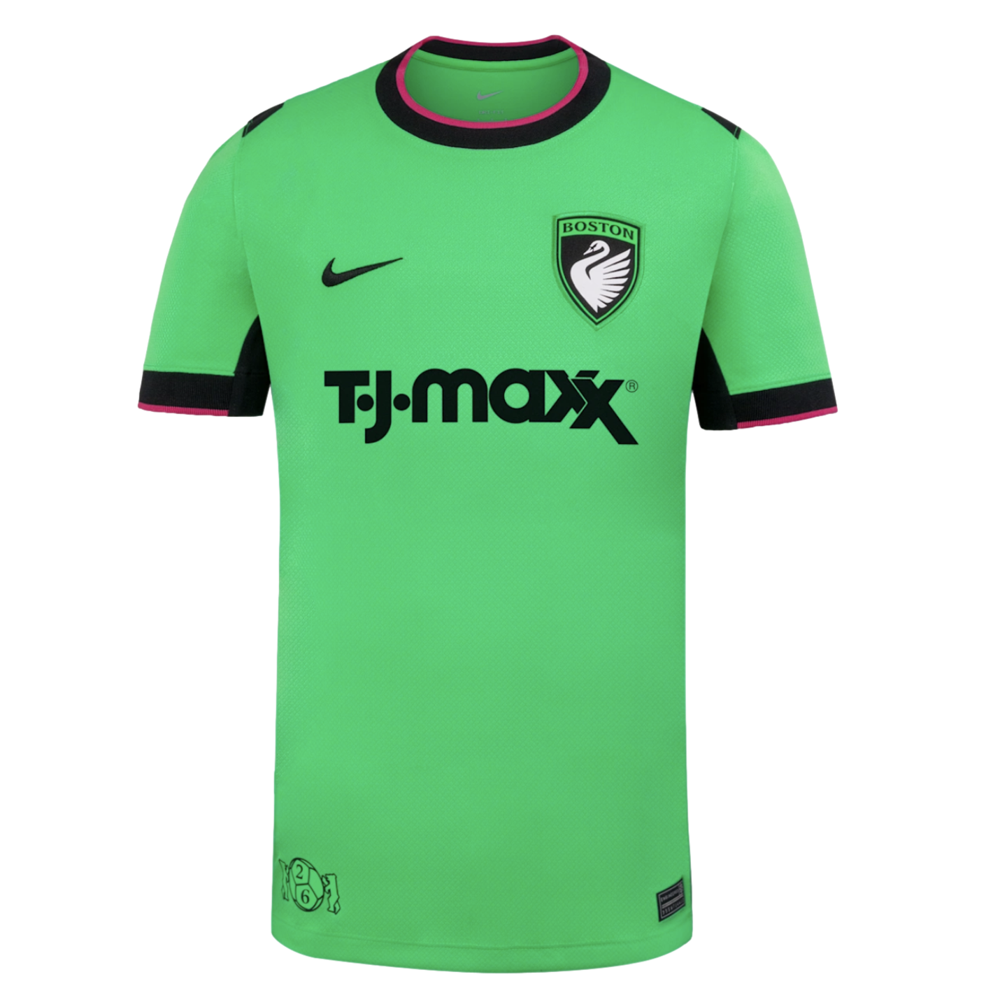 A bright green Nike soccer jersey featuring a T.J.Maxx sponsor logo, a Boston swan crest, and black and pink trim on the collar and sleeve cuffs.