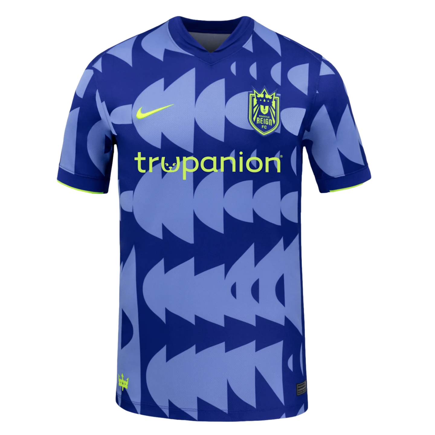 A short-sleeve Nike Seattle Reign FC soccer jersey featuring a blue geometric pattern and neon yellow accents for the team crest, swoosh, and Trupanion sponsor logo.