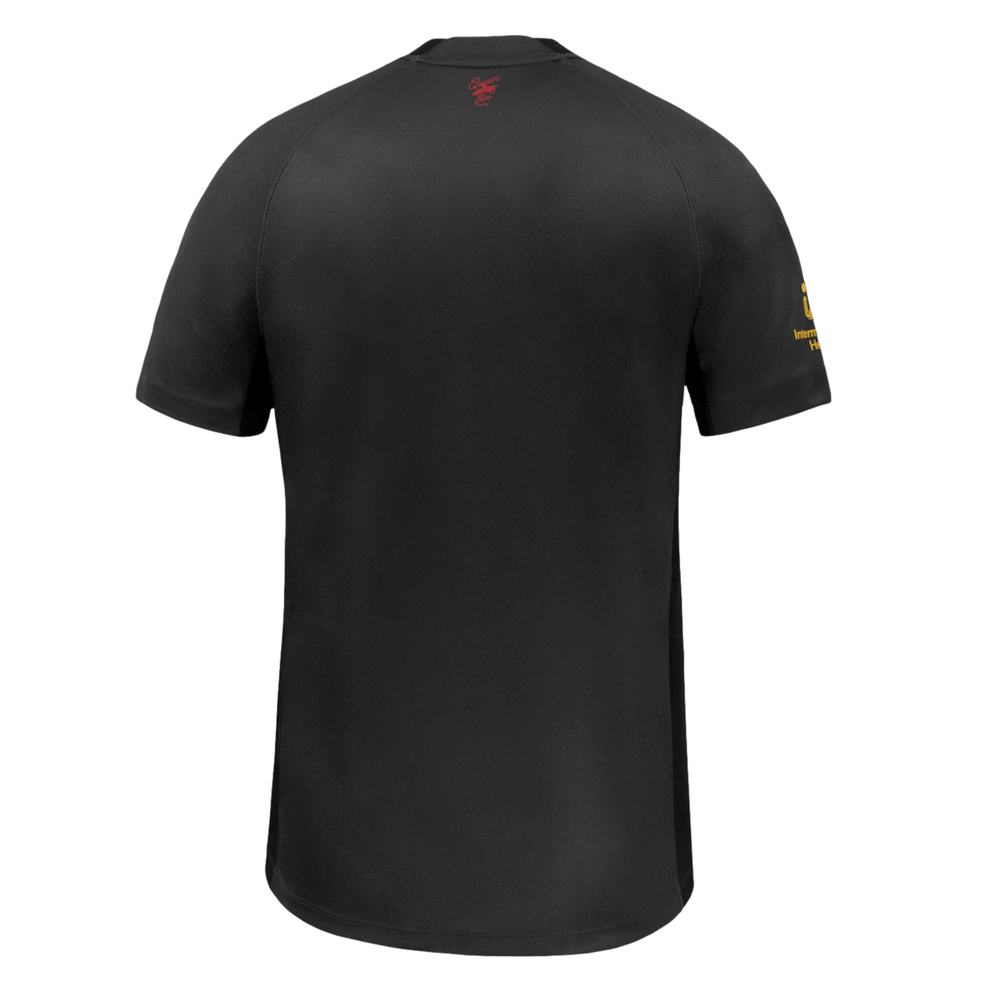 Back view of a black short-sleeved performance shirt with a small red logo at the neck and a yellow logo on the right sleeve.