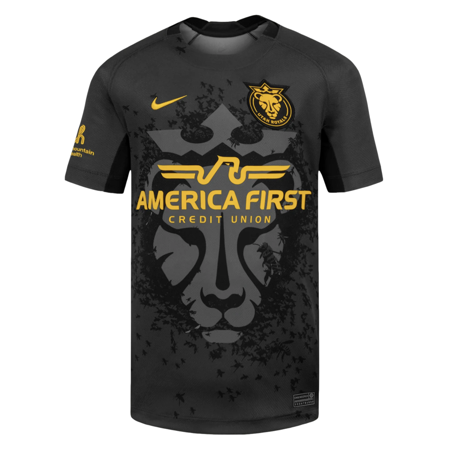 A black and gold Utah Royals soccer jersey by Nike, featuring a large lion head graphic with small bee patterns and the "America First Credit Union" sponsor logo.