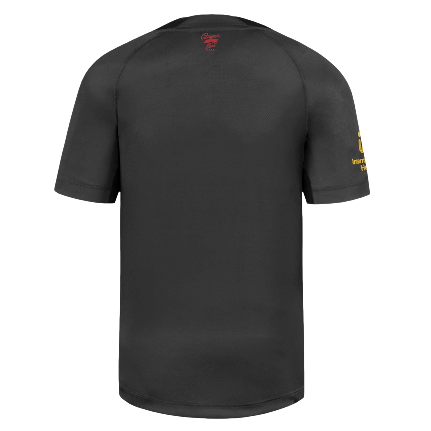 Back of a dark gray athletic jersey with a small red 'Queen Bees' logo on the upper back and a yellow 'Intermountain Health' logo on the right sleeve.