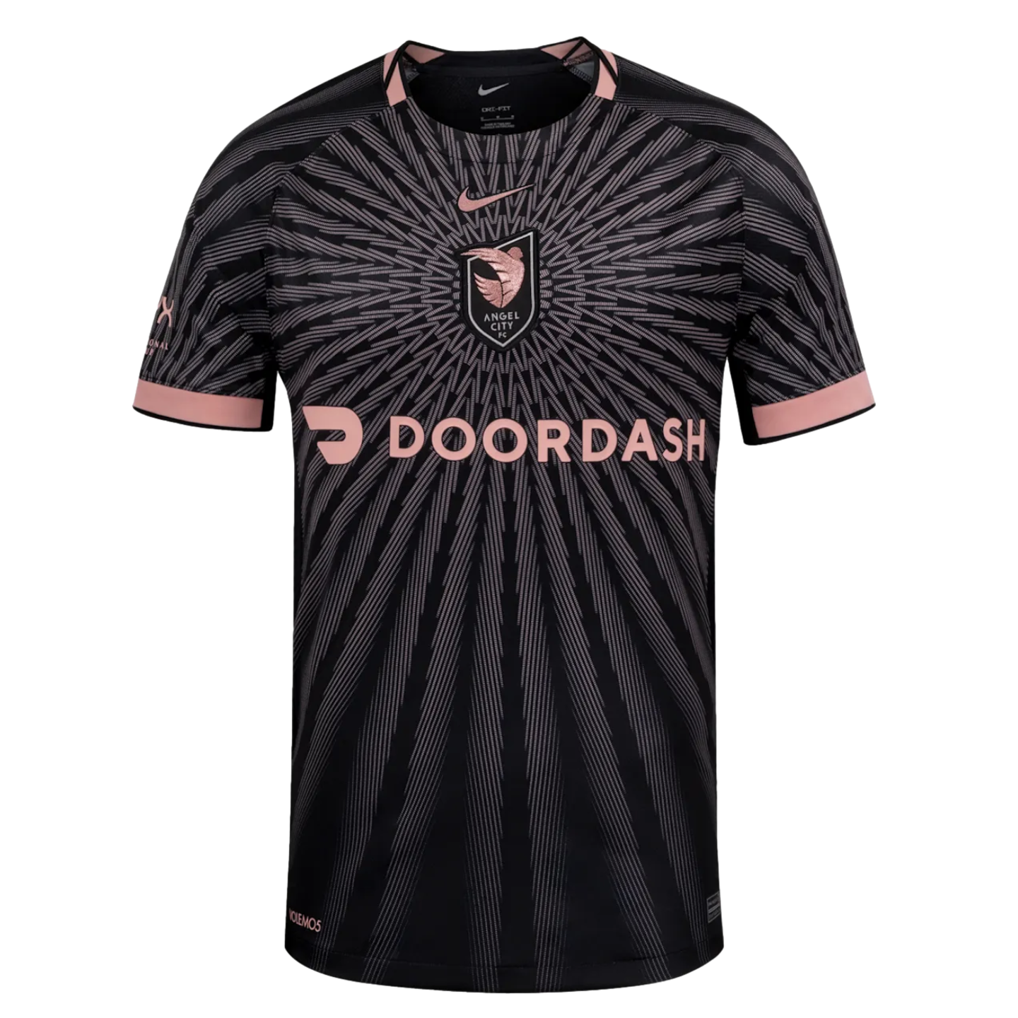 Nike Angel City FC jersey in black with a pink sunburst pattern, featuring the team's shield and DoorDash sponsor logo on the chest.