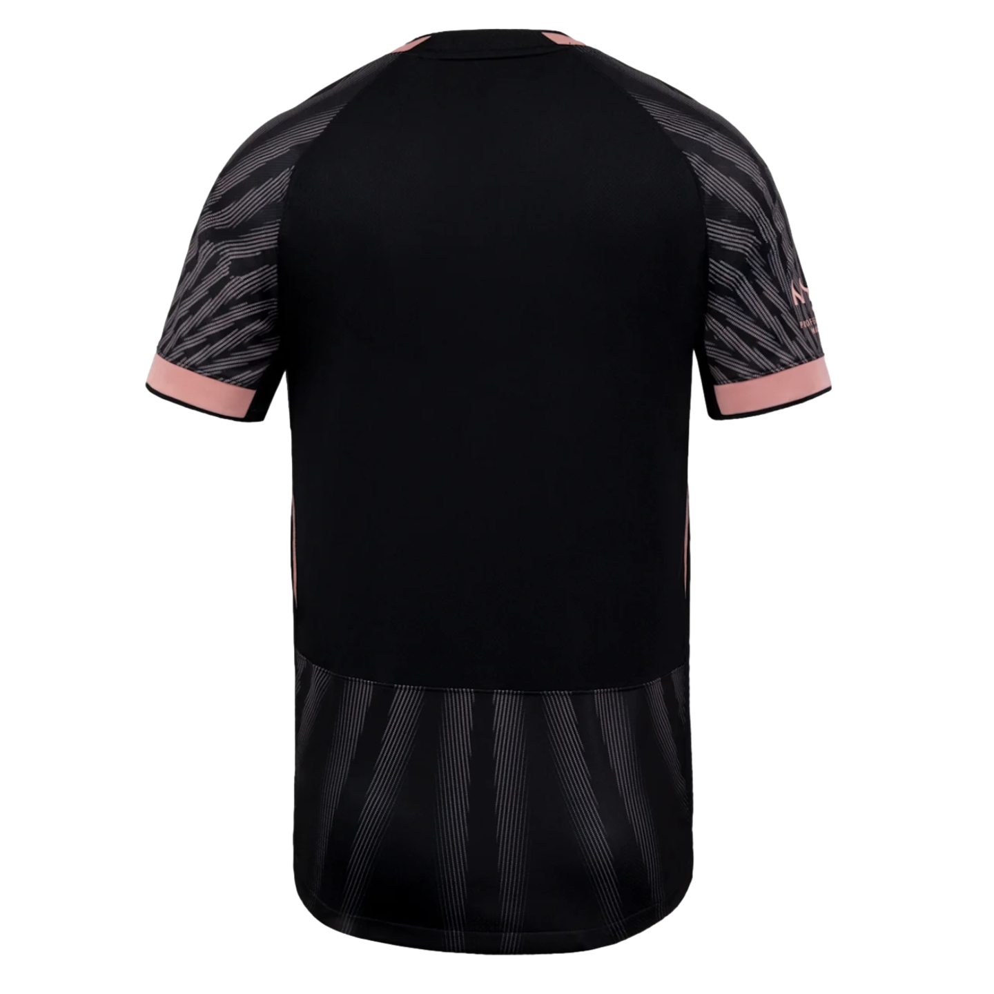 Back view of a black sports jersey with pink accents and grey patterned sleeves and hem.