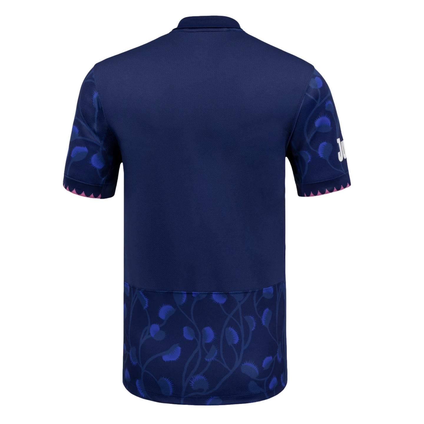 Back view of a navy blue polo-style jersey with light blue thistle patterns on the sleeves and bottom hem, and pink jagged trim on the sleeve cuffs.