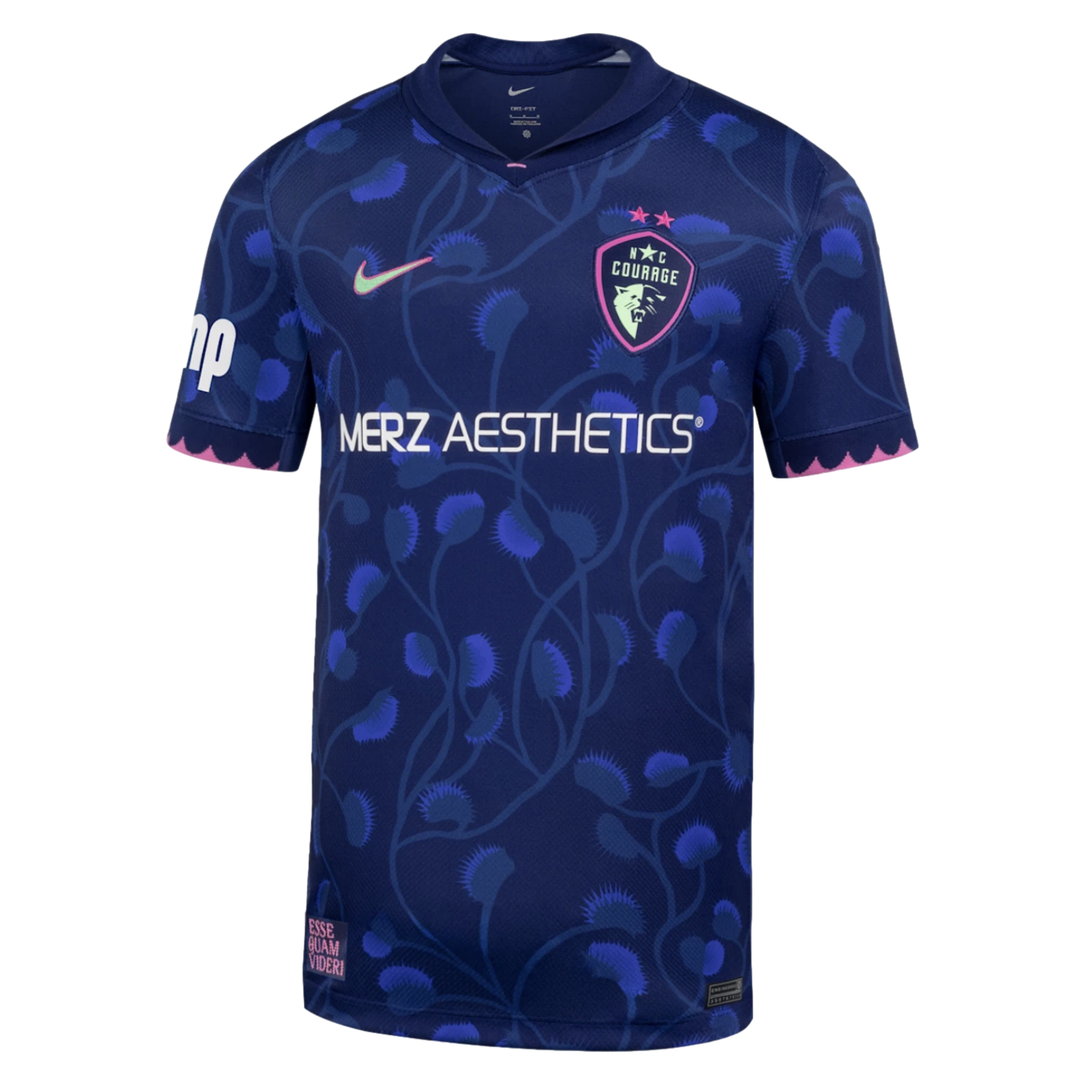 Dark blue Nike NC Courage soccer jersey featuring a light blue Venus flytrap floral pattern, a white Merz Aesthetics sponsor logo, and pink trim on the cuffs.