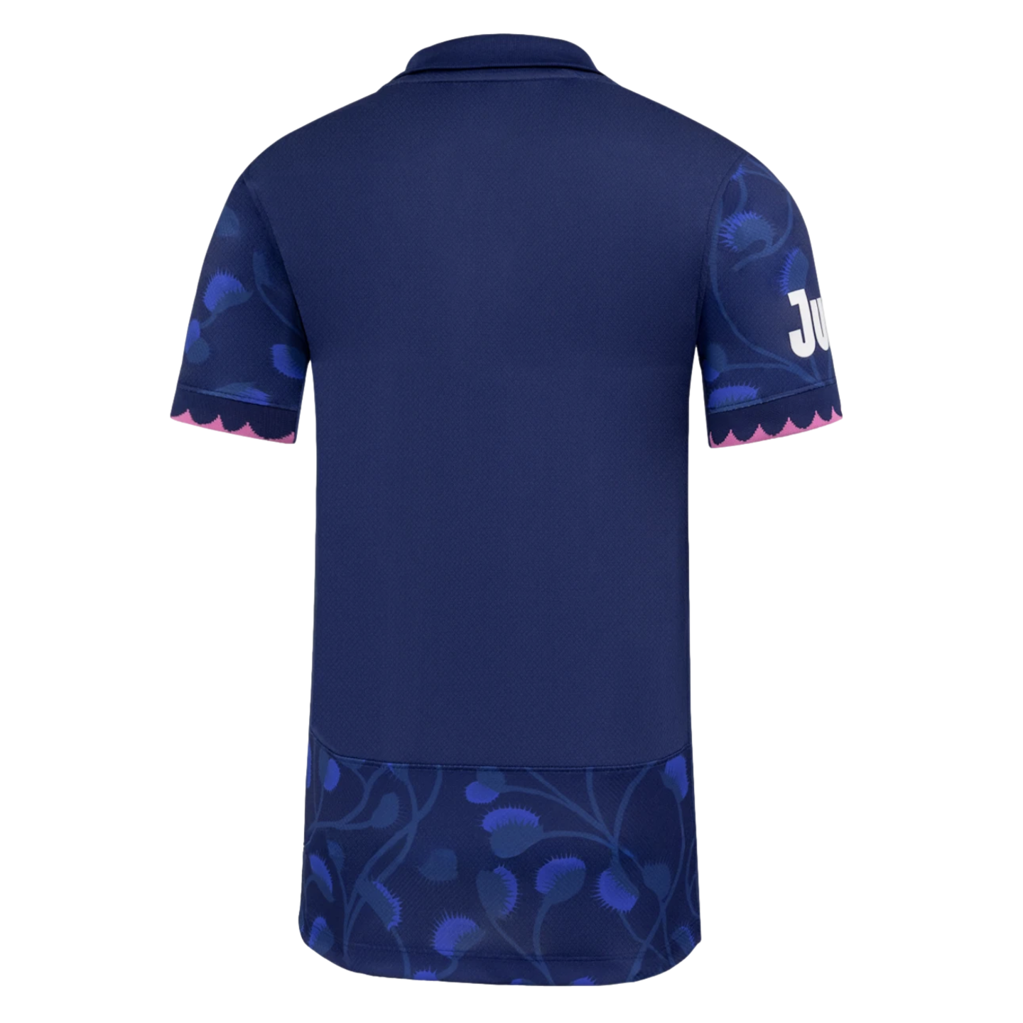The back of a navy blue polo shirt with blue floral patterns on the sleeves and bottom panel, featuring pink scalloped trim on the sleeve cuffs.
