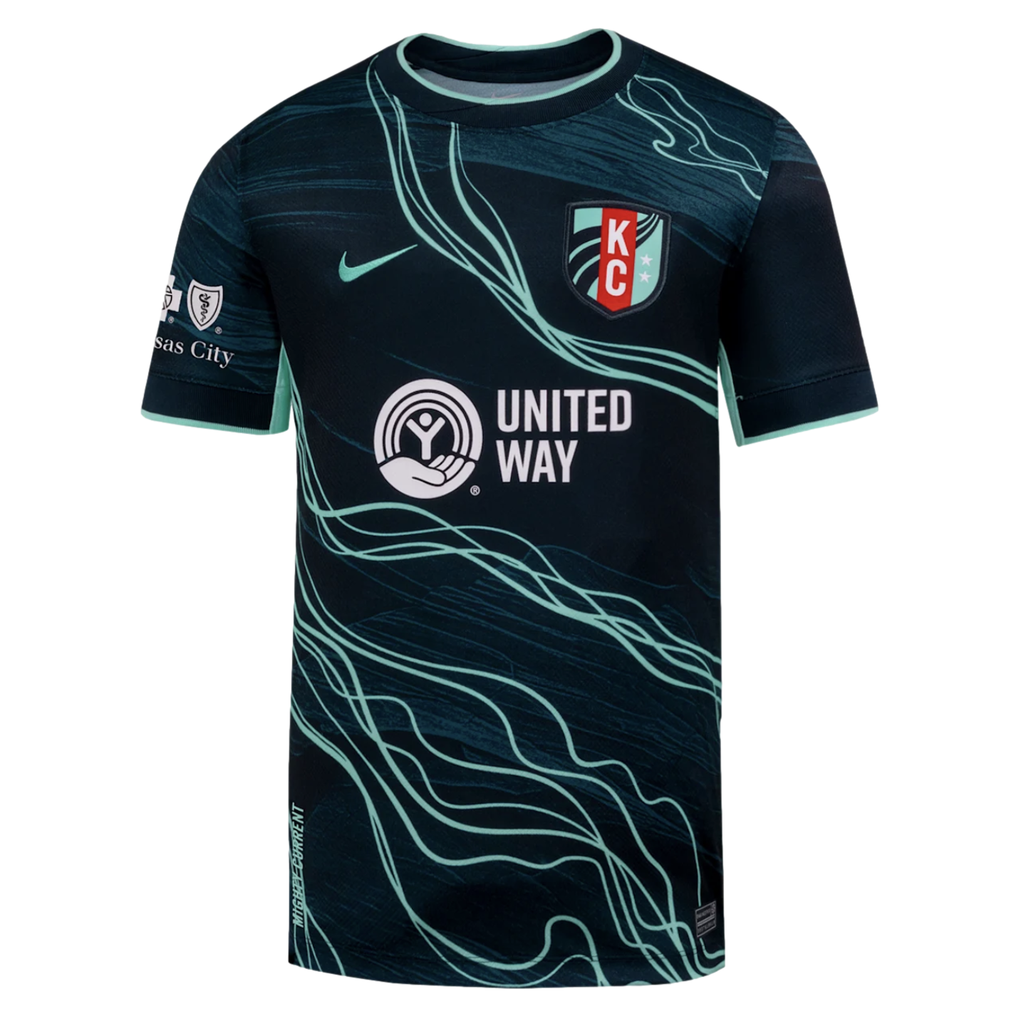 Kansas City Current dark teal soccer jersey featuring light green flowing lines, a white United Way sponsor logo, Nike swoosh, and team crest.