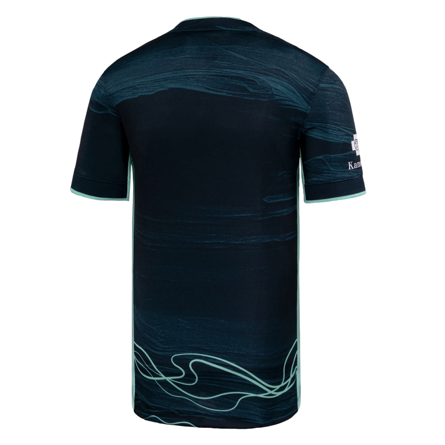 Back view of a dark teal soccer jersey featuring mint green side piping and light green wavy line graphics at the bottom hem.