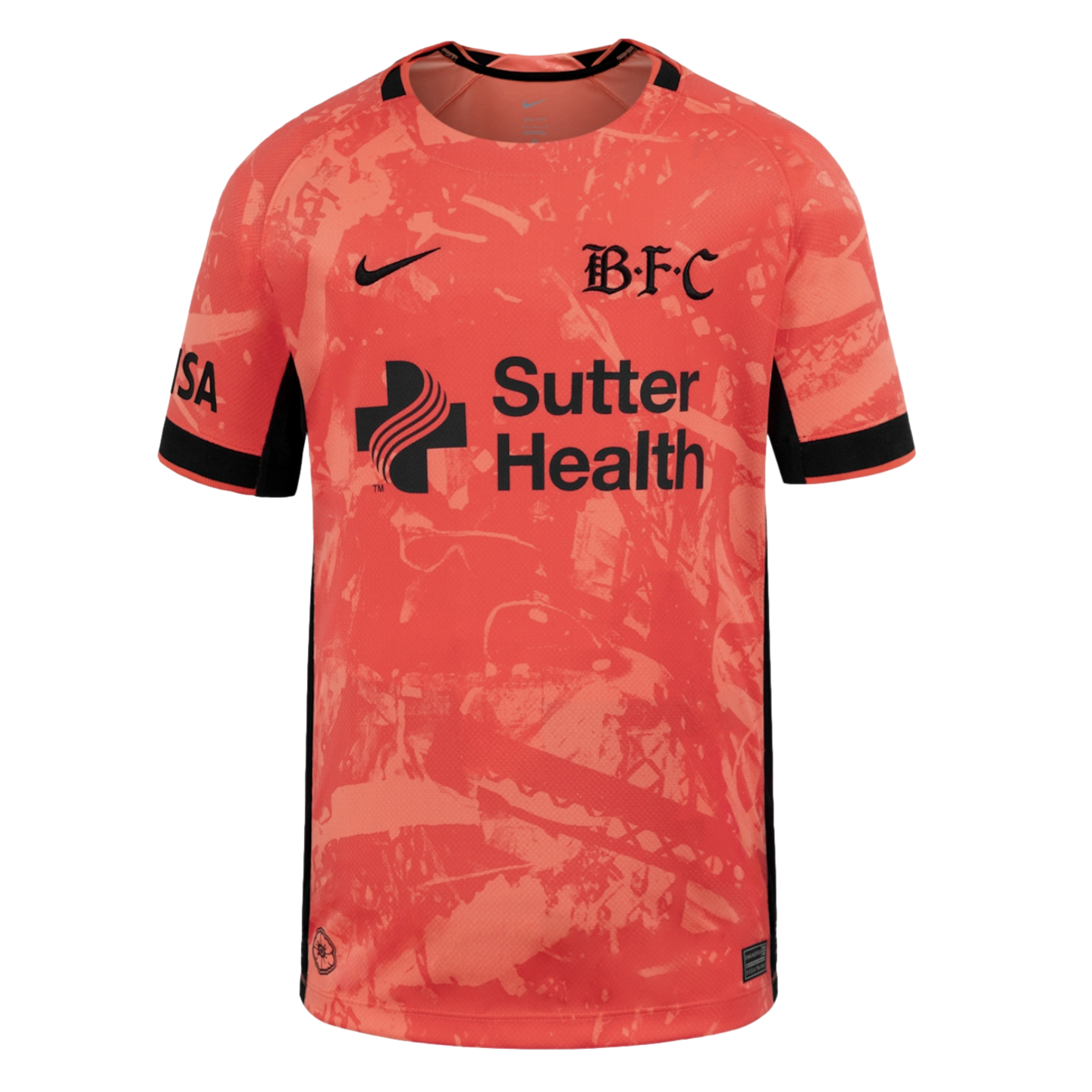 Coral pink Nike soccer jersey with an abstract pattern, featuring a black BFC crest and Sutter Health sponsor logo.