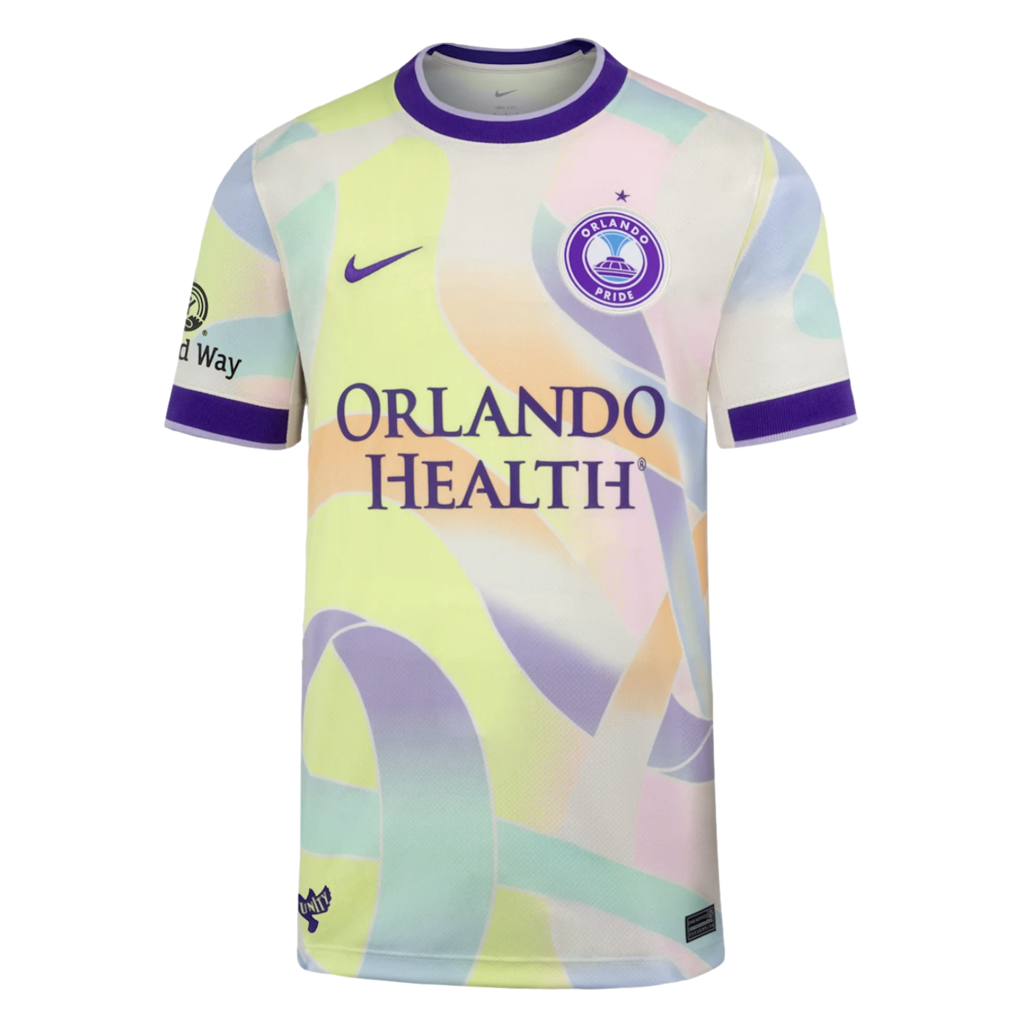 Orlando Pride soccer jersey with a pastel swirling pattern of purple, yellow, and blue. Features the team crest, Nike swoosh, and Orlando Health logo.