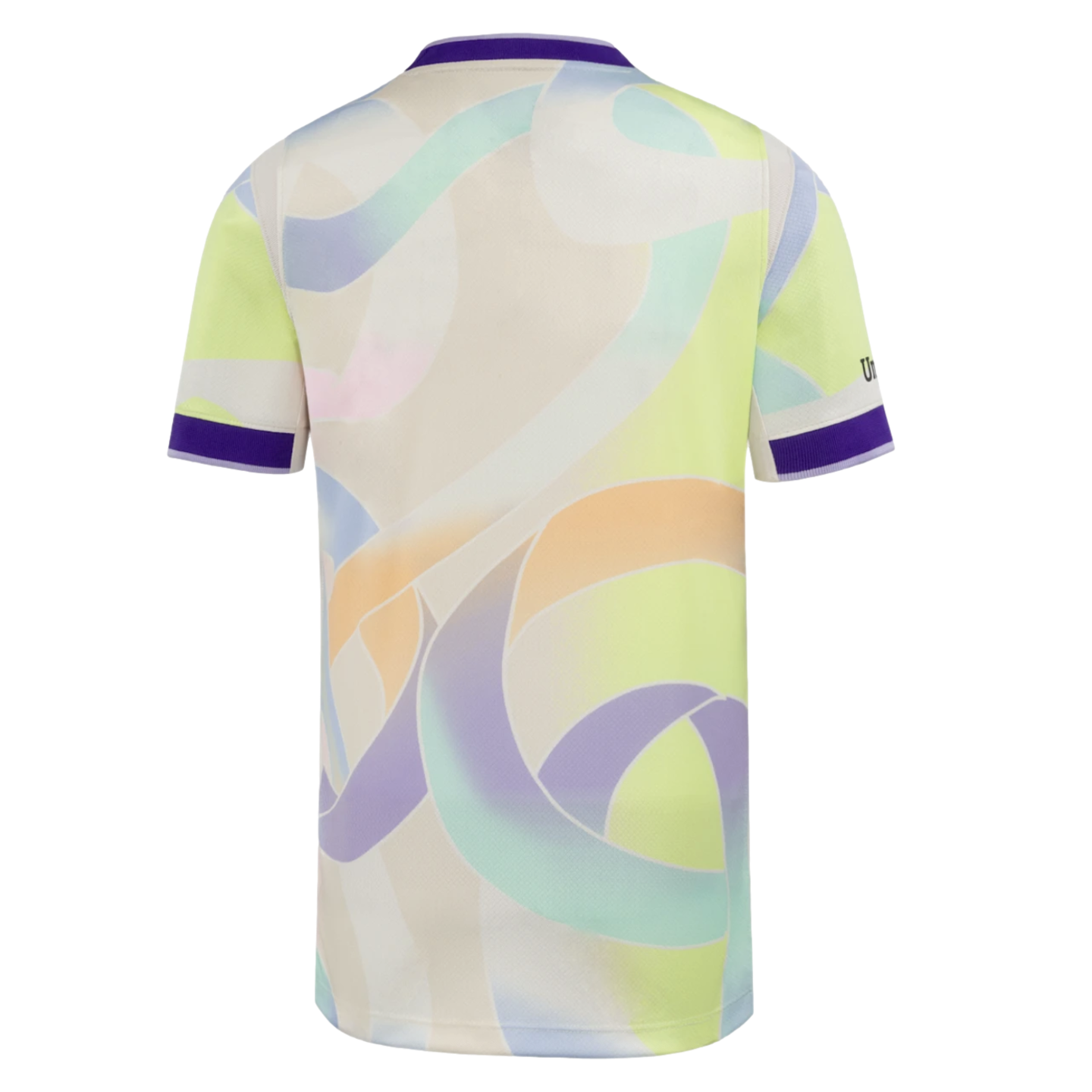 Back view of a white sports jersey with a colorful abstract pattern of thick swirling ribbons in pastel shades. The collar and sleeve cuffs have solid purple bands.