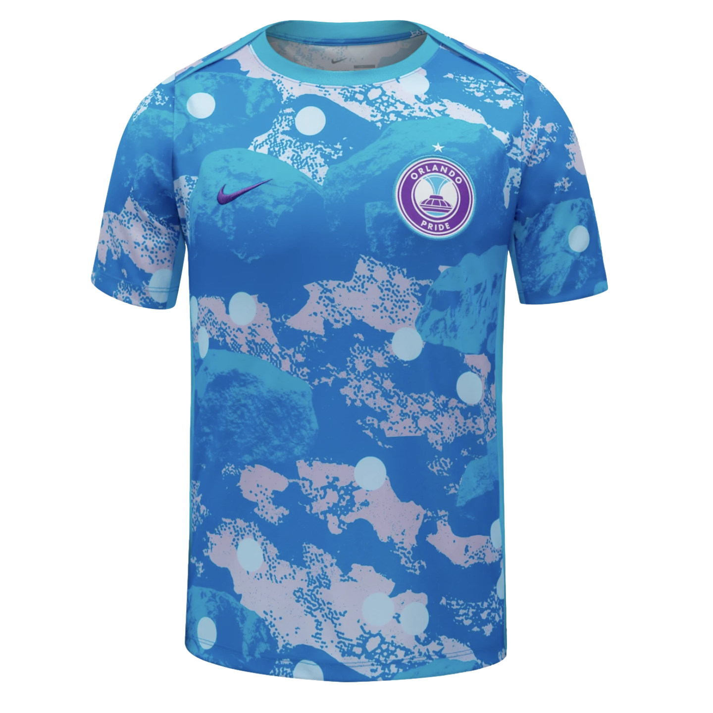 Orlando Pride soccer jersey featuring an abstract blue and purple textured pattern with white circles, a Nike swoosh, and the team crest.