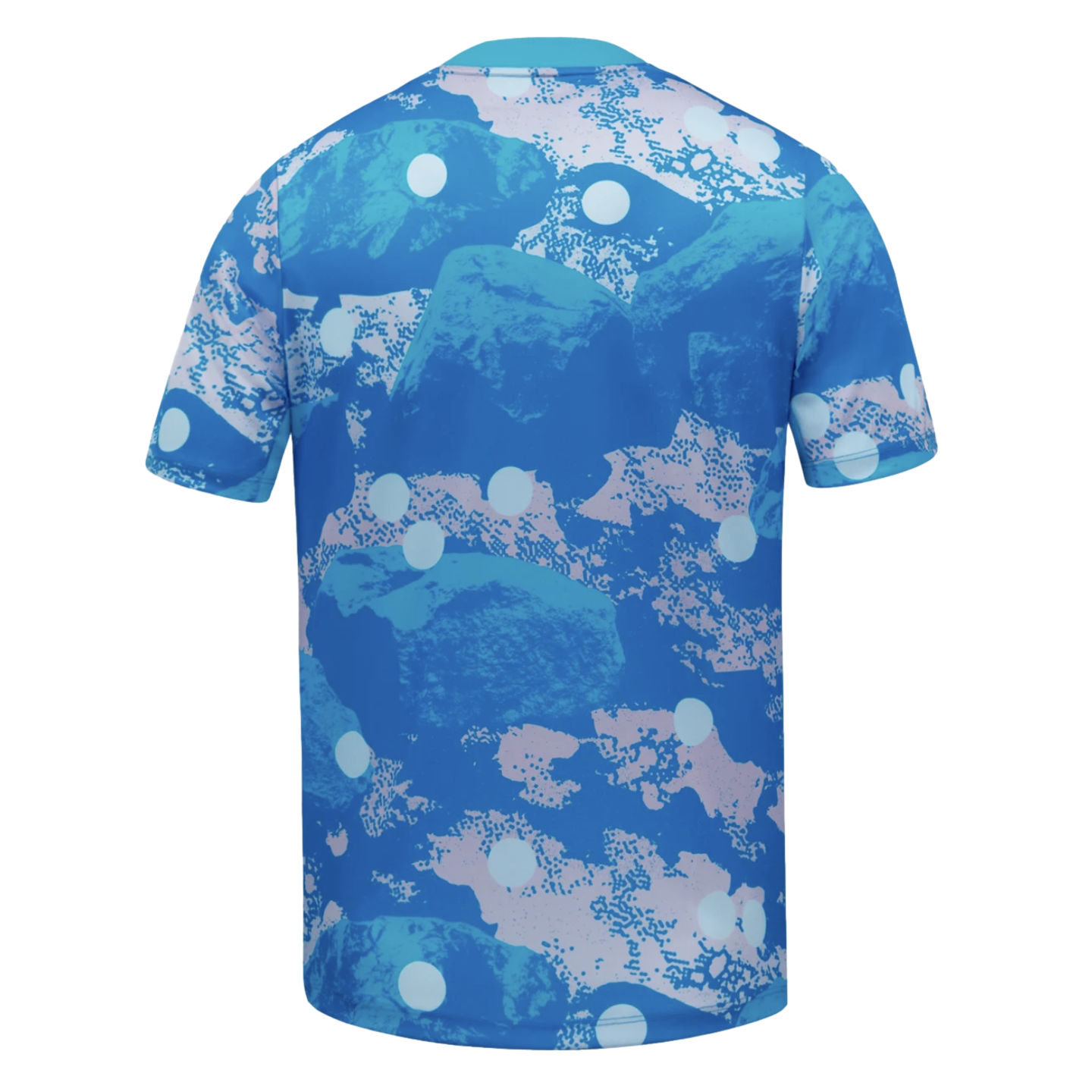 Back of a short-sleeved t-shirt featuring an abstract blue and pink rock camouflage pattern with scattered white polka dots.