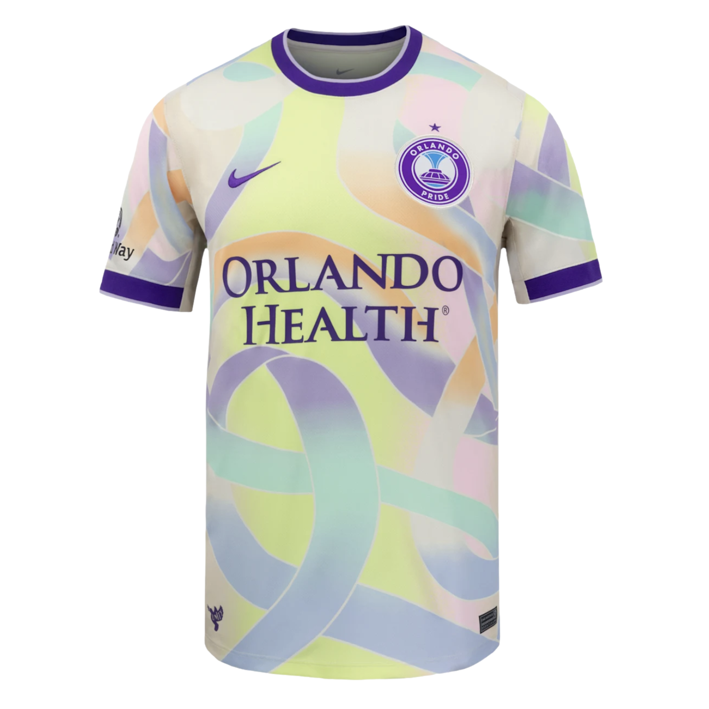 Orlando Pride jersey with a pale yellow base and pastel ribbon patterns. Features a purple collar, Nike logo, team crest, and "ORLANDO HEALTH" sponsor logo.