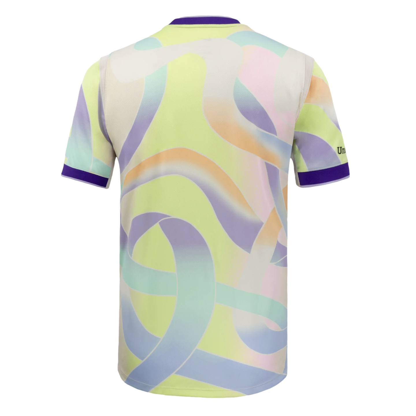 Back view of a short-sleeved jersey with a swirling pastel ribbon pattern in lime, purple, orange, and blue. Dark purple trim at the collar and cuffs.