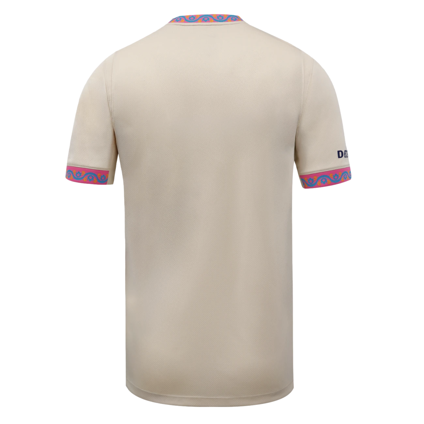 The back of a cream-colored short-sleeved jersey with vibrant pink and blue floral patterns on the collar and sleeve cuffs.