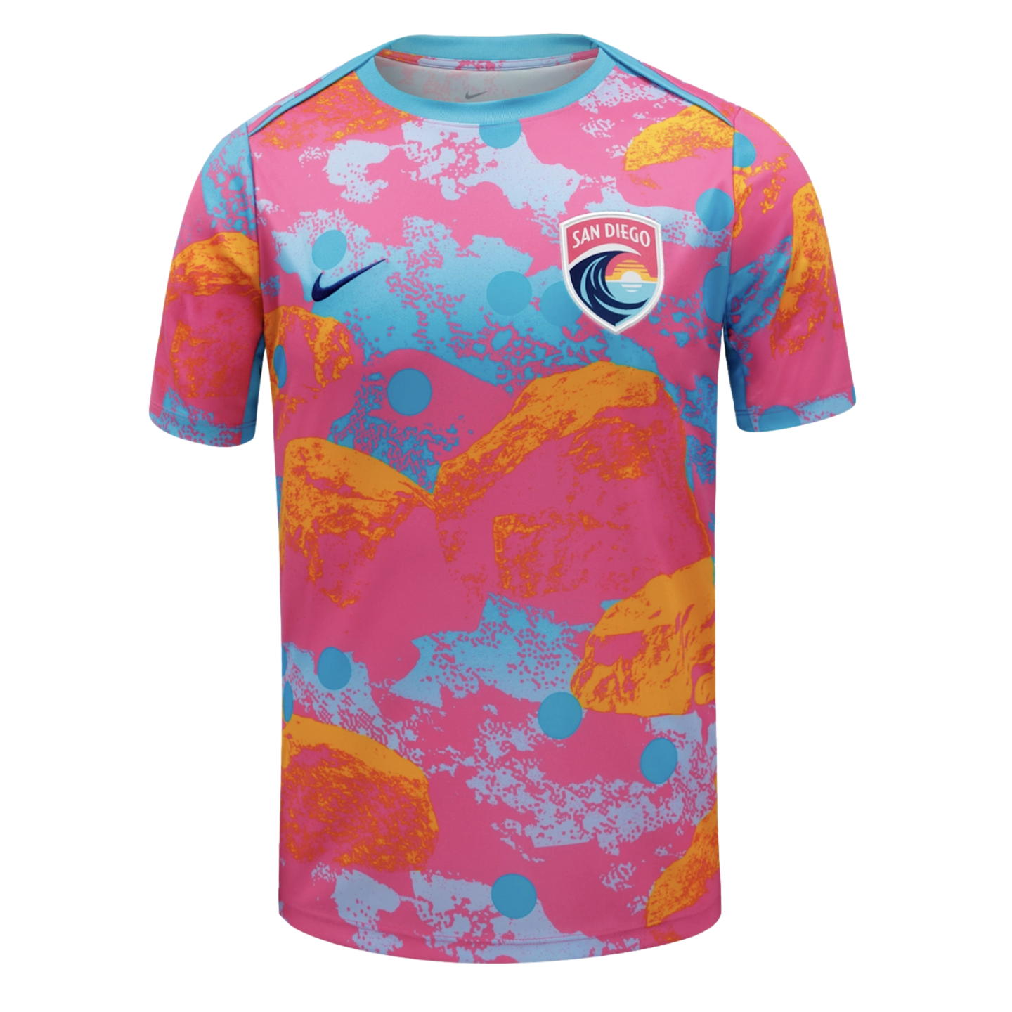 A Nike San Diego Wave FC jersey with a vibrant pink, light blue, and orange abstract pattern. It features the team crest and a dark blue swoosh on the chest.