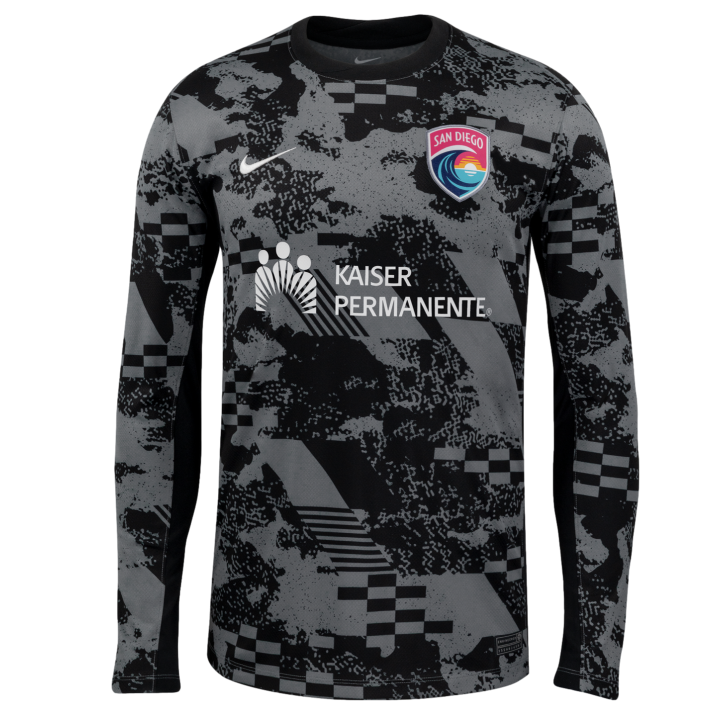 A grey and black patterned Nike long-sleeve soccer jersey for San Diego Wave FC, featuring the team crest and a white Kaiser Permanente sponsor logo.