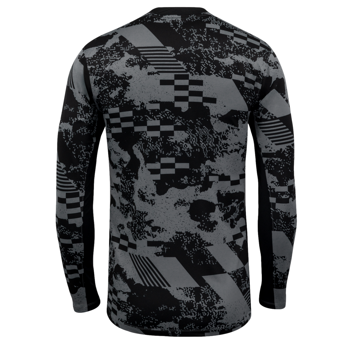 Back view of a long-sleeved shirt with a grey and black glitch-style pattern of stripes, checks, and splatters on a black background.
