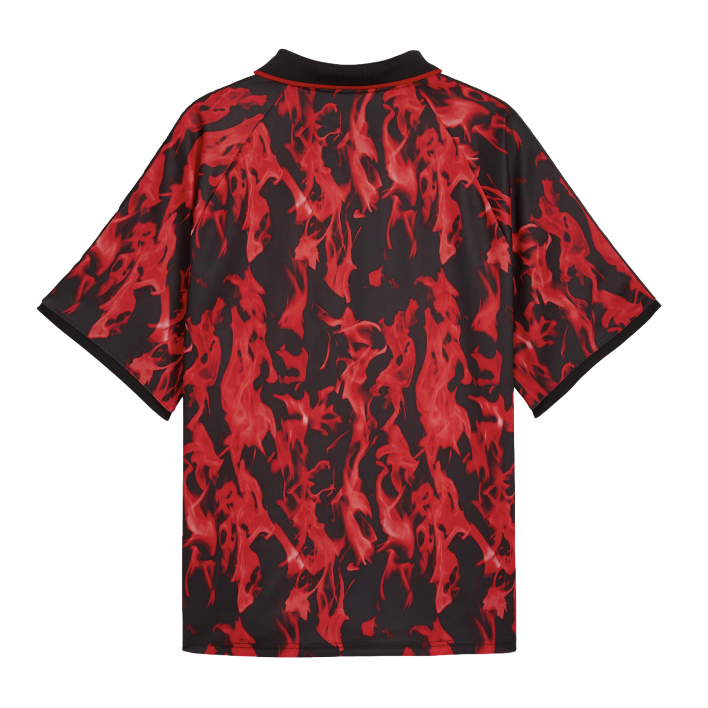 Back view of a short-sleeved polo shirt with a black and red flame pattern and a black collar with red trim.