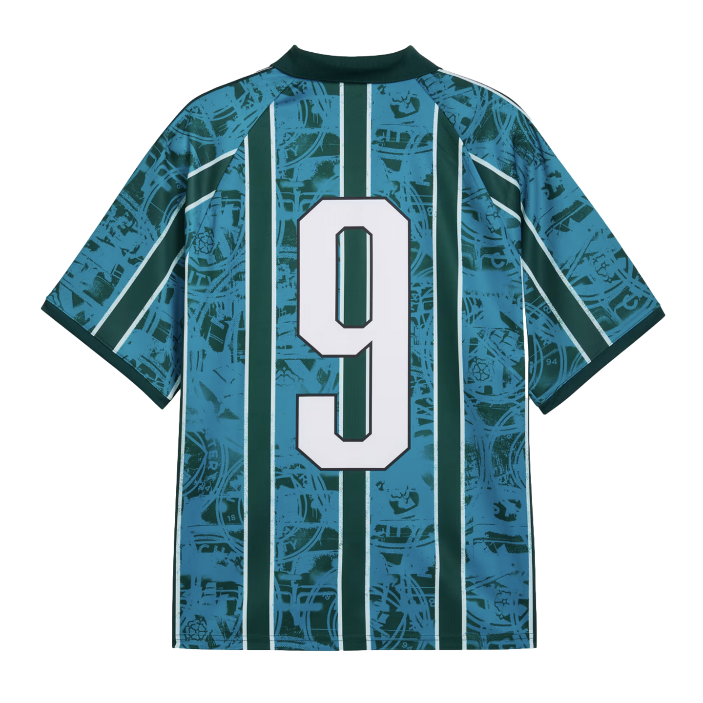The back of a teal and dark green striped soccer jersey featuring a large white number 9. The jersey has an intricate graphic pattern overlaid across the entire fabric.