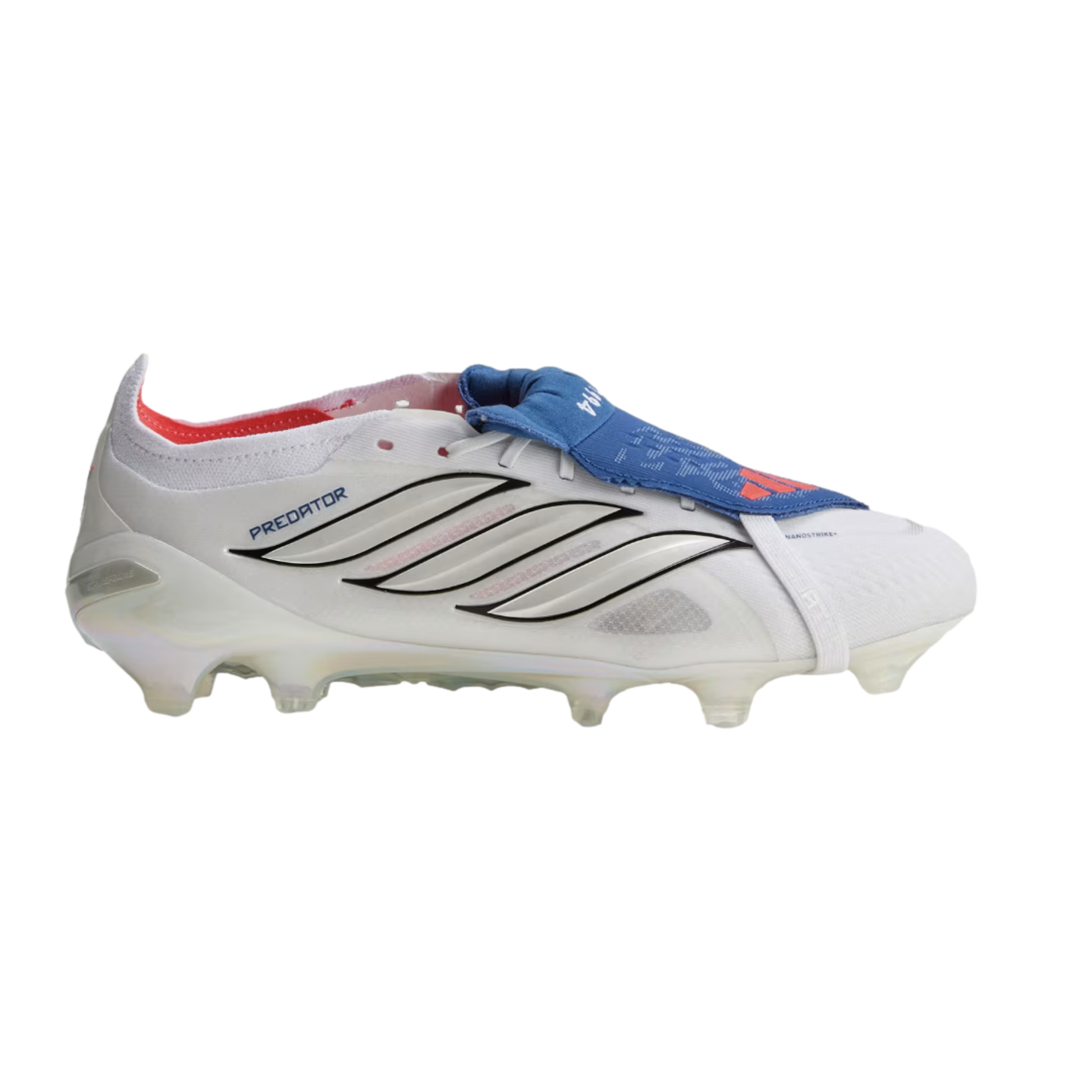 Side profile of a white Adidas Predator soccer cleat with black stripes, a blue fold-over tongue, and red accents against a solid black background.