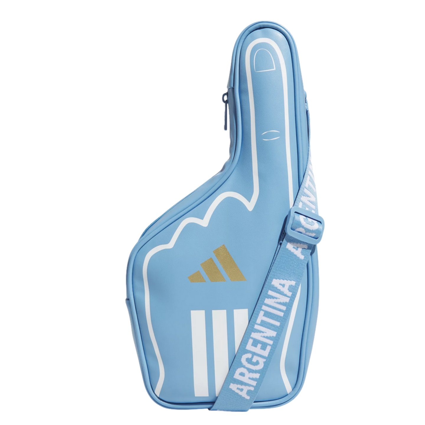 A light blue foam-finger-shaped bag by Adidas with gold logos and a white "ARGENTINA" strap, representing the Argentine national soccer team.