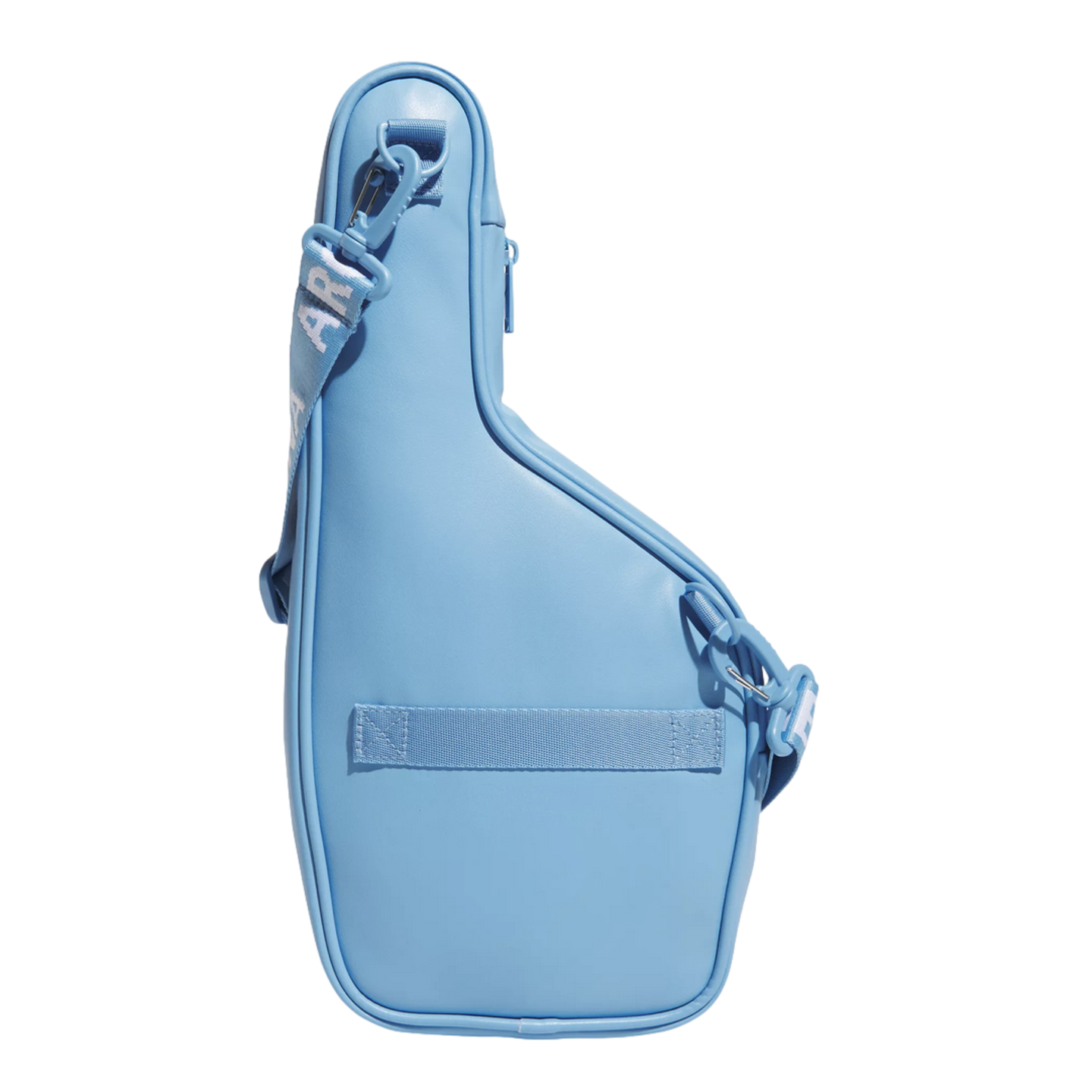 A light blue asymmetrical bag with a matching adjustable shoulder strap, shown against a solid black background.
