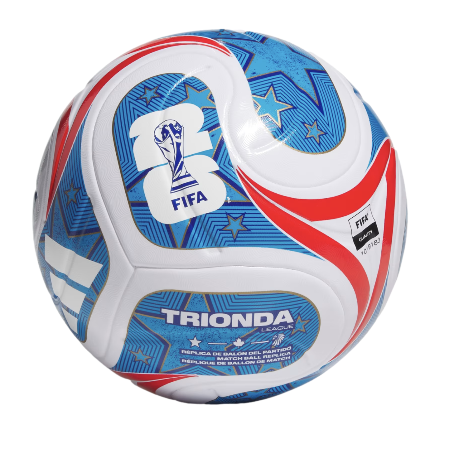 A white soccer ball with blue star patterns, red stripes, and the 2026 FIFA World Cup logo. Text on the ball reads "TRIONDA LEAGUE" and "MATCH BALL REPLICA".