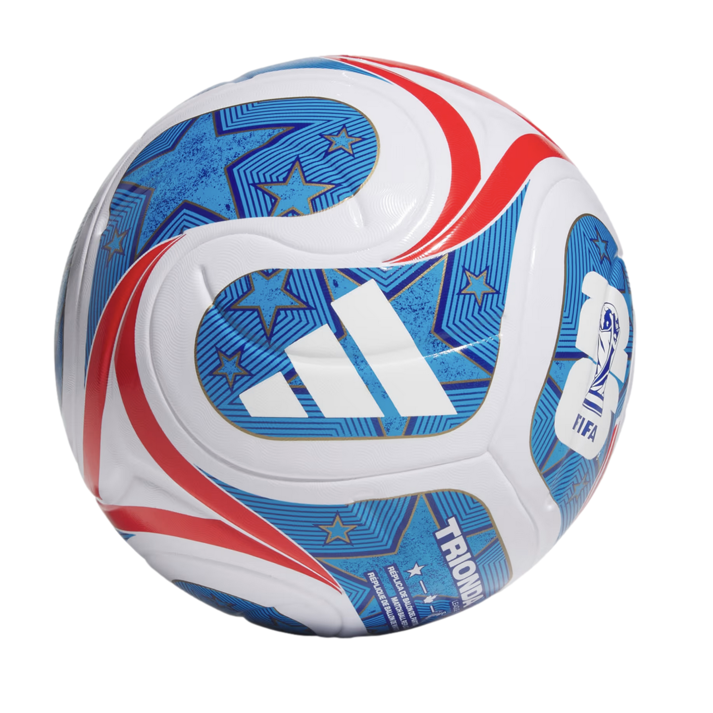 An Adidas soccer ball featuring a white surface with blue star-patterned panels and red swooping accents. The white Adidas logo is displayed prominently in the center.